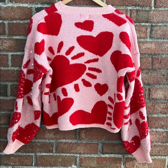Luna Ivy Pink and Red Heart sequined Women's Sweater size M - Picture 4 of 6